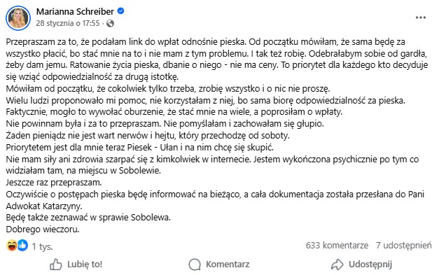 Marianna Schreiber przeprasza za prośbę o wpłaty na leczenie psa